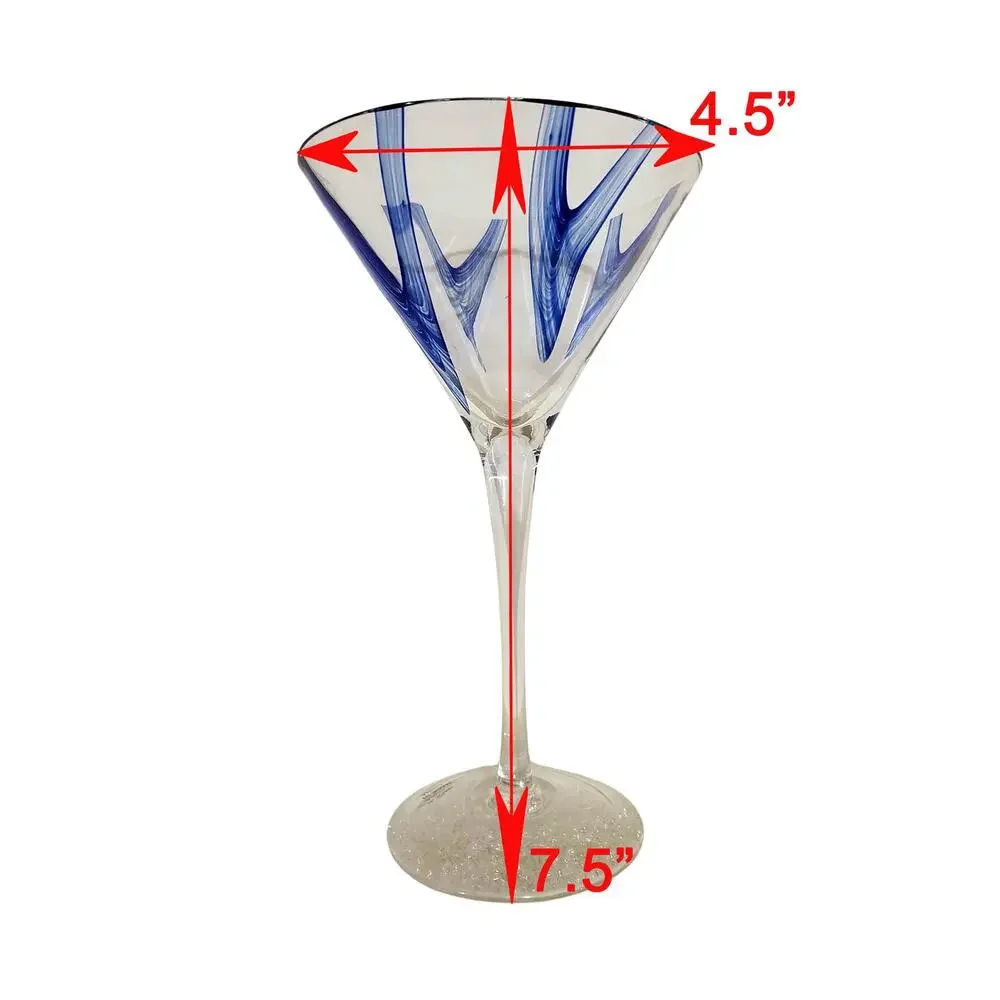 Vintage Hand Blown Martini Glasses 7.5” Fanned Cobalt Blue Stripe Set of 4